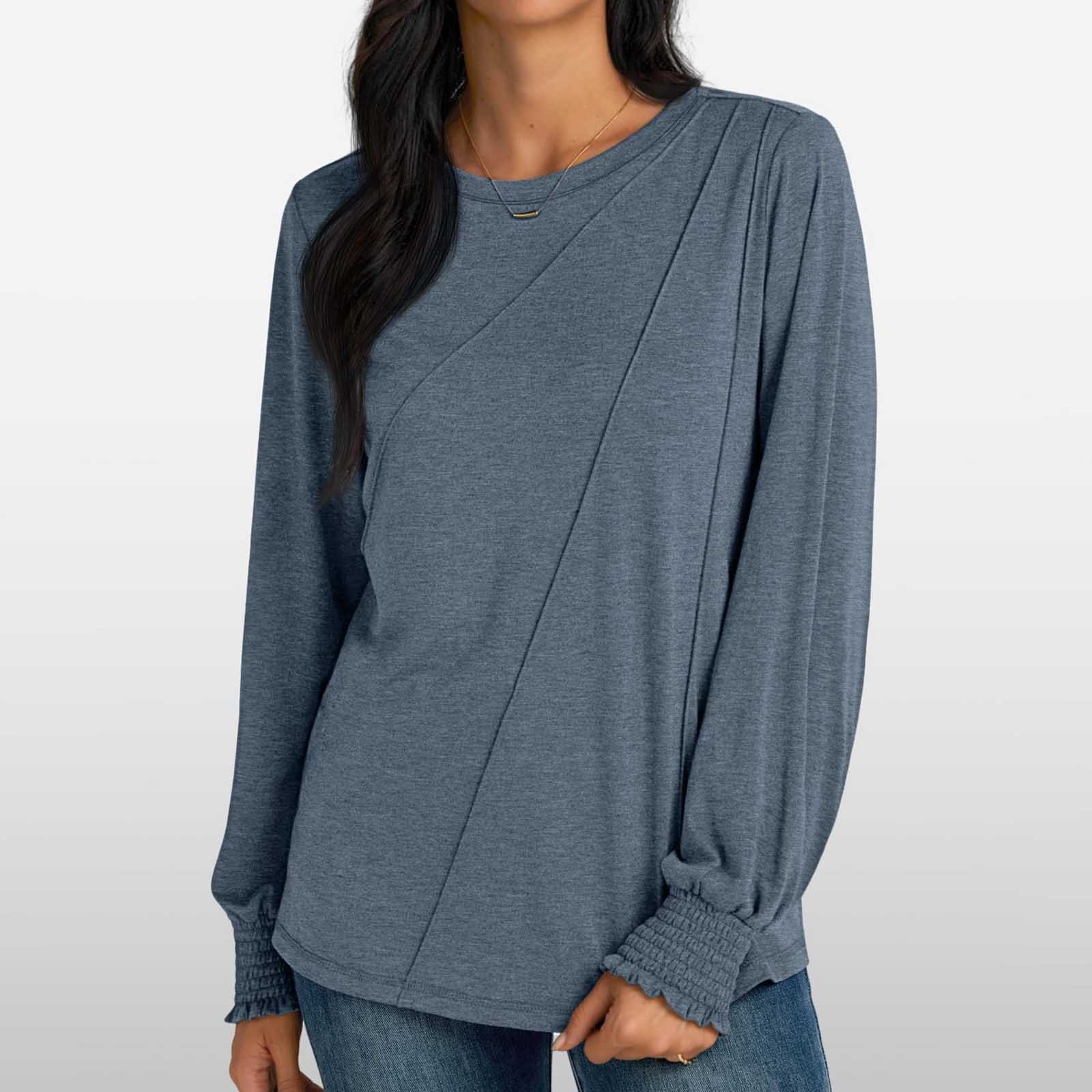 thumbnail image 2 of Blusa de manga larga con cuello redondo y pliegues para mujer - 82 % poliéster, top informal de negocios, 2025, de moda - Tallas S-XXL, 2 of 8